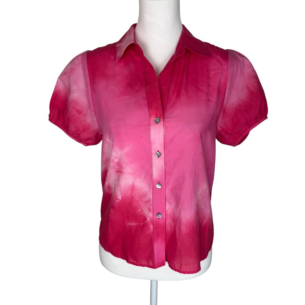Drew Womens Pink Tie Dye Cotton Puff Sleeve Button Down Blouse Size XS